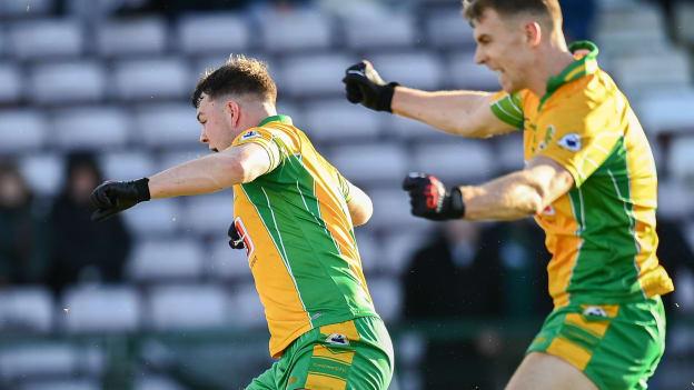 Corofin's Tony Gill and Dylan McHugh celebrate at Pearse Stadium. Photo by Harry Murphy/Sportsfile