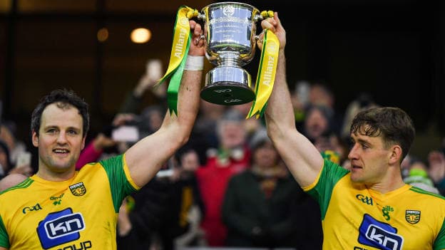 Michael Murphy and Hugh McFadden following Donegal's Allianz Football League Division Two triumph.