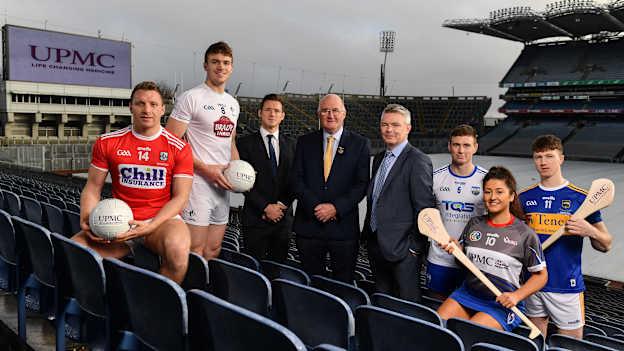 In attendance at the announcement of UPMC as Official Healthcare Partner to the GAA/GPA are, from left, Cork footballer Brian Hurley, Kildare footballer Kevin Feely, Paul Flynn, CEO GPA, Uachtarán Cumann Lúthchleas Gael John Horan, David Beirne, Senior Vice President, UMPC, Waterford hurler Austin Gleeson, WIT Camogie Player Shauna Quirke and Tipperary Hurler Jake Morris at Croke Park in Dublin.