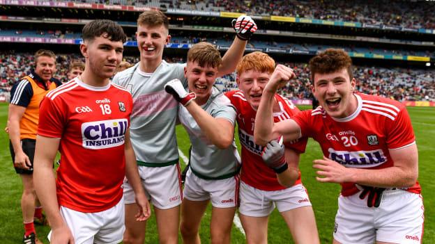 Cork players, including Nathan Gough, left, Jack Cahalane, second from right, and Luke Murphy of Cork, celebrate following the Electric Ireland GAA Football All-Ireland Minor Championship Semi-Final match between Cork and Mayo at Croke Park in Dublin. 