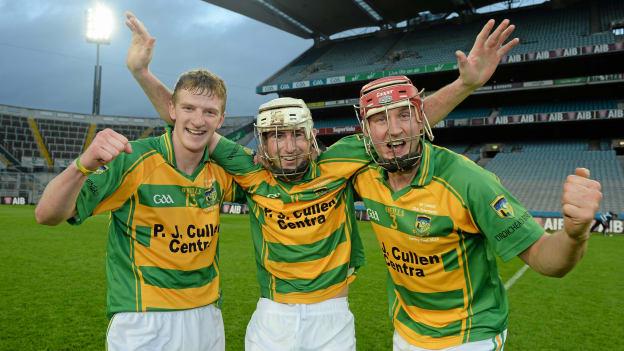 Sean Morrissey, Nickey Cleere, and Robert Lennon celebrate after Bennettsbridge's AIB All Ireland Intermediate success in 2016.