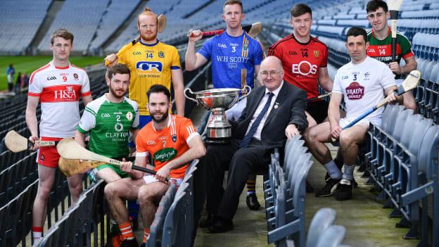 GAA President John Horan with players from the competing counties in the Christy Ring Cup.