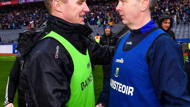 Crossmaglen clubmates Wicklow manager Oisín McConville and Sligo manager Tony McEntee after the Allianz Football League Division 4 Final match between Sligo and Wicklow at Croke Park in Dublin. 