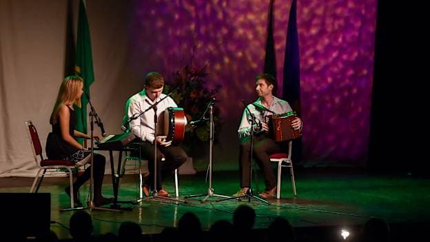 Darryl Dolan, Daire Smith and Sinéad Halton from Mullahoran, Cavan, competing in the Ceol Uirlise category during the All-Ireland Scór Sinsir Finals 2018