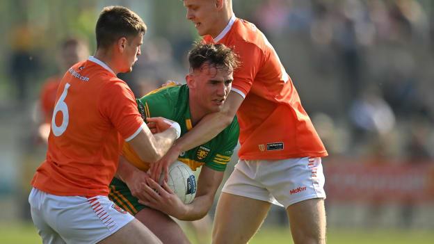 Jason McGee of Donegal in action against Greg McCabe and Cian McConville of Armagh during the Allianz Football League Division 1 match between Donegal and Armagh at O'Donnell Park in Letterkenny, Donegal. 