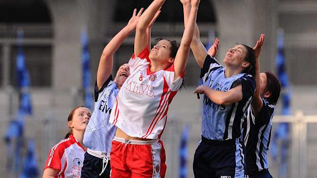 Denise Masterson, right, and Siobhán McGrath, Dublin, contest a high ball with Sarah Donnelly, Tyrone. TG4 All-Ireland Senior Ladies Football Championship Final, Dublin v Tyrone, Croke Park, Dublin, 2010.