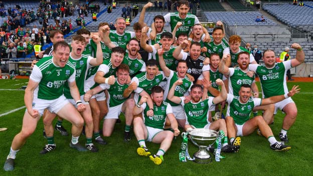Fermanagh players celebrate with the Lory Meagher Cup after victory over Cavan in the 2021 Final. 