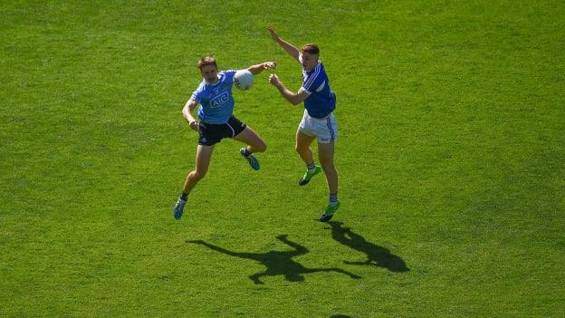 Michael Fitzsimons of Dublin in action against Evan O'Carroll of Laois during the Leinster GAA Football Senior Championship Final.