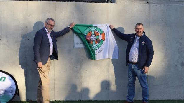 Uachtarán Chumann Lúthchleas Gael, Larry McCarthy, and Rockland GAA club Chairperson, Paul Levins, perform the honours at the opening of the club's new ball wall. 