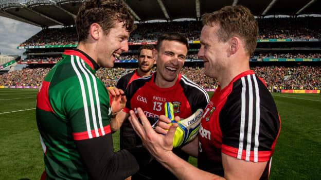 David Clarke, Tom Parsons, Jason Doherty, and Andy Moran of Mayo celebrate following Mayo's 2017 All-Ireland SFC Semi-Final replay win over Kerry at Croke Park. Photo by Ray McManus/Sportsfile