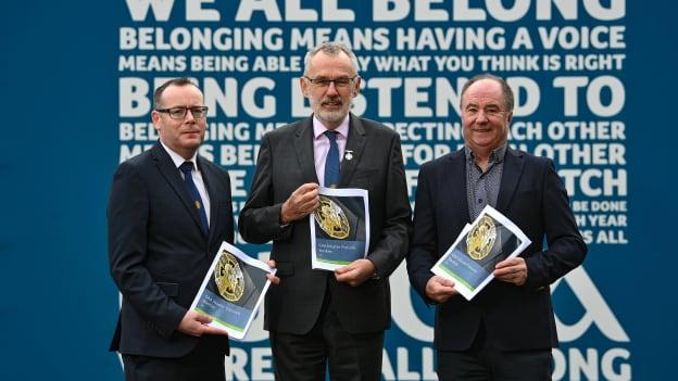 Uachtarán Chumann Lúthchleas Gael Larry McCarthy, centre, Chairman of the Central Competitions Control committee Derek Kent, right, and GAA Games Administration Manager Bernard Smith in attendance for the GAA 2024 Master Fixture Plan launch at Croke Park in Dublin. Photo by David Fitzgerald/Sportsfile.
