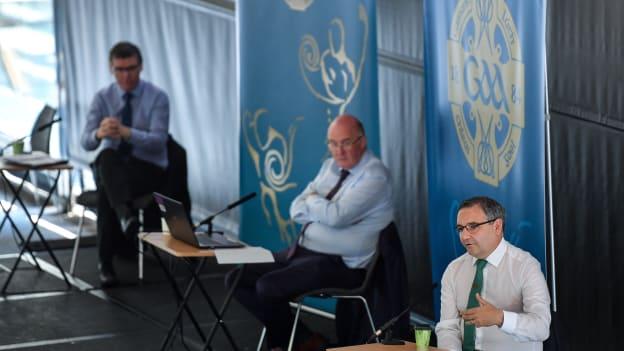 (right to left) GAA Director of Player, Club & Games Administration, Feargal McGill, GAA President, John Horan, and GAA Director General, Tom Ryan, pictured during the GAA fixtures press conference at Croke Park in Dublin. 