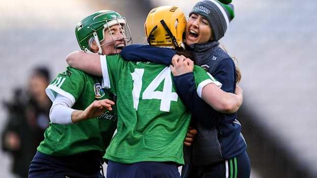 Laura Ward, Siobhán McGrath and Tara Kenny celebrate following Sarsfields' AIB All Ireland Club Camogie Final success over Slaughtneil at Croke Park.