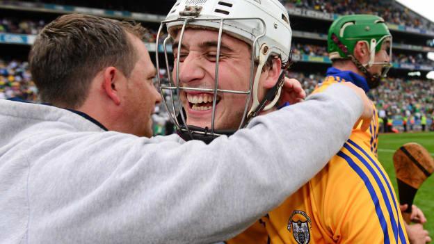 Davy Fitzgerald and Patrick O'Connor celebrate following Clare's 2013 All Ireland SHC Semi-Final win over Limerick.