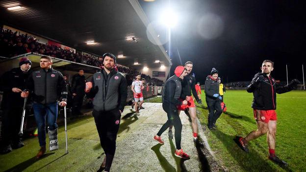 The Tyrone bench, including injured players Cathal McShane and Mattie Donnelly, celebrate after Saturday's win over Dublin.