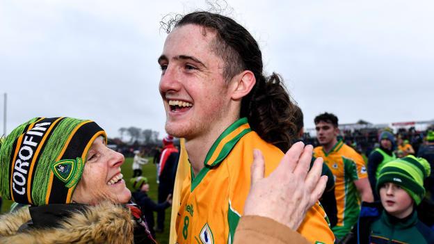 Kieran Molloy of Corofin celebrates with a supporter after the 2019 AIB Connacht GAA Football Senior Club Football Championship Final match between Corofin and Pádraig Pearses at Tuam Stadium in Tuam, Galway.
