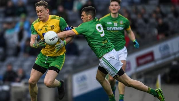 Hugh McFadden., Donegal, and Shane McEntee, Meath, during the Allianz Football League Division Two Final at Croke Park.