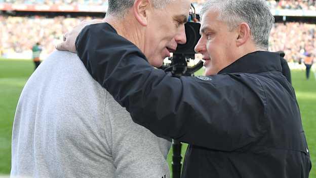 Galway manager Pádraic Joyce and Mayo boss Kevin McStay following the Allianz Football League Final. Photo by Sam Barnes/Sportsfile
