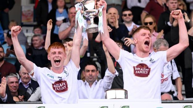  Kildare joint captains Harry O'Neill and Shane Farrell following the Eirgrid All-Ireland U20 Championship Final at Kingspan Breffni. Photo by Stephen McCarthy/Sportsfile