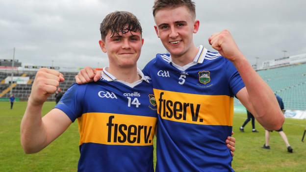 Tipperary players Tom Delaney, left, and Sam O'Farrell celebrate after the Electric Ireland GAA Hurling All-Ireland Minor Championship Semi-Final match between Tipperary and Galway at the LIT Gaelic Grounds in Limerick. 
