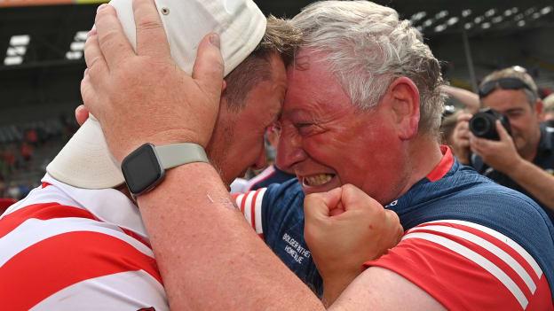 Ferns St Aidan's manager Pat Bennett and Ian Byrne of Ferns St Aidan's celebrate after the Wexford County Senior Hurling Championship Final match between St Martin's and Ferns St Aidan's at Chadwicks Wexford Park in Wexford. 