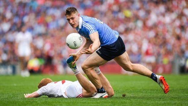 Dublin's John Small beats Peter Harte to the ball in the 2017 All-Ireland SFC semi-final. 