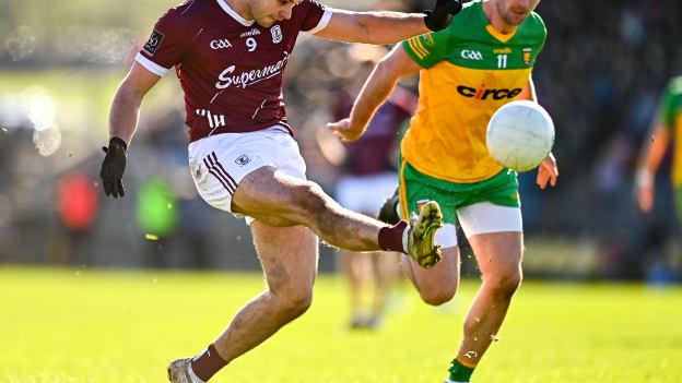 Cillian McDaid of Galway in action against Daire Ó Baoill of Donegal during the Allianz Football League Division 1 match between Donegal and Galway at O'Donnell Park in Letterkenny, Donegal.