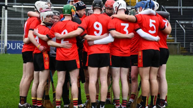 Ard Scoil Rís players in a team huddle before the Harty Cup Final against St. Joseph's, Tulla. 