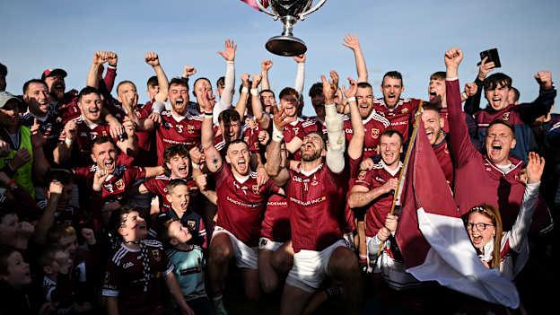 Ruairí Óg Cushendall players celebrate with the cup after the Antrim County Senior Club Hurling Championship final match between Ruairi Og Cushendall and Loughgiel Shamrocks at Corrigan Park in Belfast. Photo by David Fitzgerald/Sportsfile.