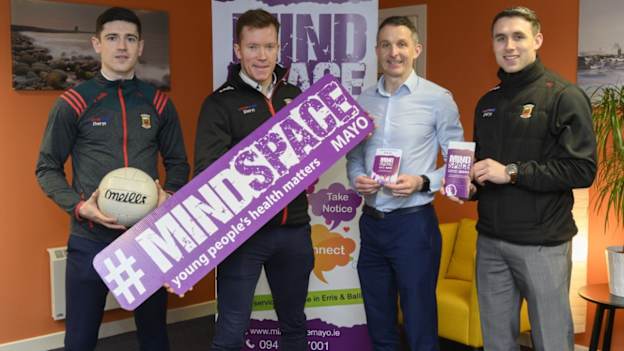 Mayo footballers Conor Loftus, Donal Vaughan and Paddy Durcan are pictured with Mindspace Mayo manager Peadar Gardiner at the recent announcement of Mindspace Mayo as one of Mayo GAA’s charity partners for 2020.