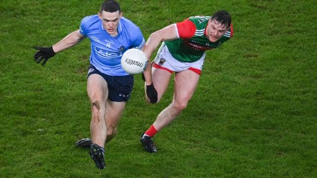 Brian Fenton, Dublin, and Mattie Ruane, Mayo, in Allianz Football League action at Croke Park.