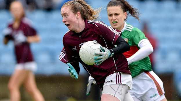Louise Ward, Galway, and Kathryn Sullivan, Mayo, during the TG4 Connacht Ladies Football Final in July.