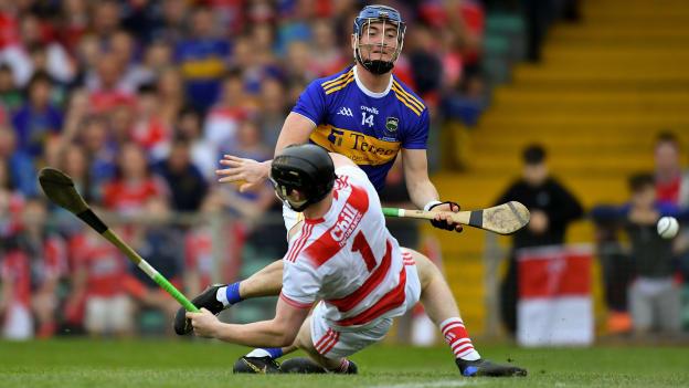 Billy Seymour of Tipperary looks on as his shot goes past Cork goalkeeper Ger Collins for his side's first goal during the Bord Gáis Energy GAA Hurling All-Ireland U20 Championship Final match between Cork and Tipperary at LIT Gaelic Grounds in Limerick. 