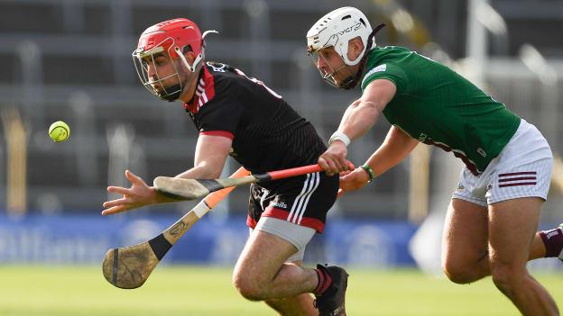Pearse Óg Sheehan of Down is tackled by Robbie Greville of Westmeath during the Allianz Hurling League Division 2A Final match between Down and Westmeath at FBD Semple Stadium in Thurles, Tipperary. 