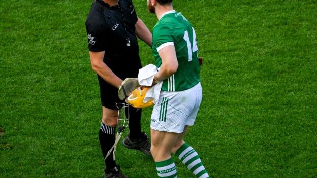 Séamus Flanagan of Limerick shakes hands with referee James Owens after the GAA Hurling All-Ireland Senior Championship semi-final match between Limerick and Galway at Croke Park in Dublin. Photo by Ray McManus/Sportsfile.