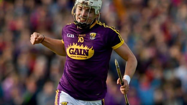 Rory O'Connor of Wexford celebrates after scoring the first goal against Carlow during the Leinster GAA Hurling Senior Championship Round 4 match between Wexford and Carlow at Innovate Wexford Park in Wexford. 