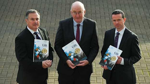 Uachtarán Chumann Lúthchleas Gael John Horan, centre, with Peter McKenna, Commercial Director of the GAA and Stadium Manager of Croke Park, left, and Ger Mulryan, GAA Director of Finance, before the GAA/Croke Park Financial Reports media briefing at Croke Park in Dublin.