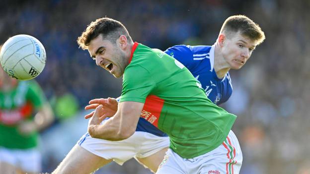 Ryan McGahern, Gowna, and Joe Dillon, Kingscourt Stars, in Cavan SFC Final action. Photo by Tyler Miller/Sportsfile