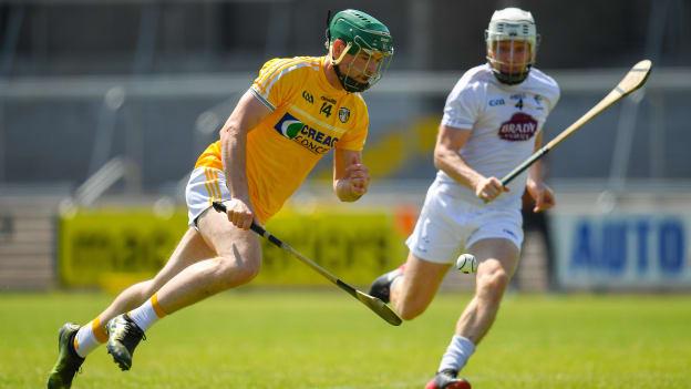 Conor McCann of Antrim in action against Paul Sullivan of Kildare, on his way to scoring his side's second goal, during the 2018 Joe McDonagh Cup Relegation / Promotion play-off match between Antrim and Kildare at the Athletic Grounds in Armagh. 