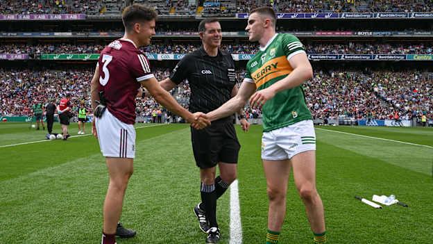 Referee Sean Hurson with the two captains, Seán Kelly of Galway, and Seán O'Shea of Kerry, before the GAA Football All-Ireland Senior Championship Final match between Kerry and Galway at Croke Park in Dublin. 