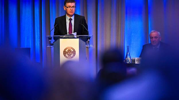 Ard Stiúrthóir of the GAA Tom Ryan makes a speech discussing motion 9, regarding the associations policy to maintain gender balance in the membership of the Central Council Management Comittee, during the GAA Special Congress at Croke Park in Dublin. Photo by Ben McShane/Sportsfile
