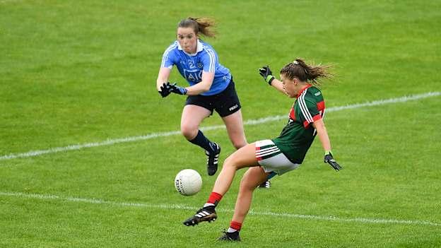 Sarah Rowe, Mayo, and Deirdre Murphy, Dublin, in All Ireland Ladies Senior Championship action at Dr Hyde Park in July.