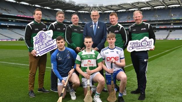 In attendance, from Back left- Ciaran Kearney, GAA National Development Competitions Coordinator, Leinster GAA Games Manager James Devane, Ulster GAA Regional Hurling Development Officer Patrick Delaney, Uachtarán Chumann Lúthchleas Gael Larry McCarthy, Ulster GAA Hurling Development Manager Kevin Kelly, Connacht GAA Games Promotion Officer Darragh Cox. Front- Tooreen and Mayo hurler Shane Boland, Cootehill Celtic hurler Connor Delaney, Latton hurler Tomas McCabe at the 2023 Táin Óg/ CúChulainn launch at Croke Park in Dublin