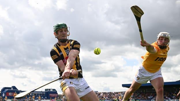 Eoin Cody, Kilkenny, and Paddy Burke, Antrim, in Leinster SHC action at Corrigan Park in May. Photo by Ramsey Cardy/Sportsfile