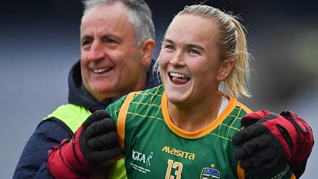 Vikki Wall of Meath celebrates with manager Eamonn Murray after the Lidl Ladies Football National League Division 1 Final between Donegal and Meath at Croke Park in Dublin.
