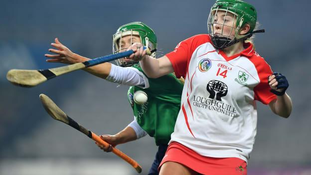 Roisin McCormick, Loughgiel Shamrocks, and Laura Ward, Sarsfields, in action during the 2022 AIB All-Ireland Club Camogie Senior Final at Croke Park. Photo by Stephen Marken/Sportsfile