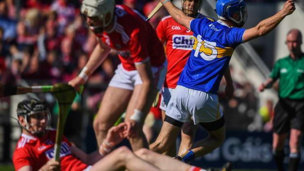 John McGrath of Tipperary celebrates after scoring his side's second goal during the Munster GAA Hurling Senior Championship Round 1 match between Cork and Tipperary at Pairc Ui Chaoimh in Cork. 