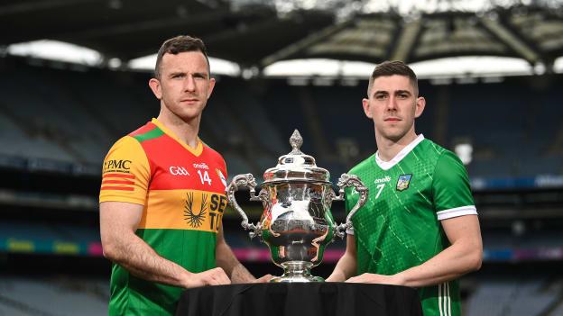 Darragh Foley of Carlow, left, and Paul Maher of Limerick during the Tailteann Cup launch at Croke Park in Dublin. Photo by David Fitzgerald/Sportsfile.
