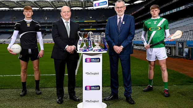 Footballer Jack Carney of Kilmeena, Mayo, pictured alongside Colin Hunt, CEO AIB, Larry McCarthy, Uachtarán Chumann Lúthchleas Gael, and hurler Martin O’Neill of Mooncoin, Kilkenny, ahead of #TheToughest AIB GAA Club Championship showdowns of the year, which get underway at Croke Park this weekend. 