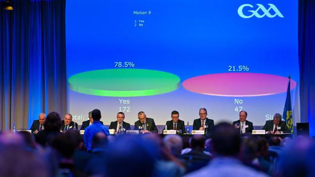 A view of the screen as motion 9, regarding the Association's policy to maintain gender balance in the membership of the Central Council Management Committee, is passed during the GAA Special Congress at Croke Park in Dublin. Photo by Ben McShane/Sportsfile.